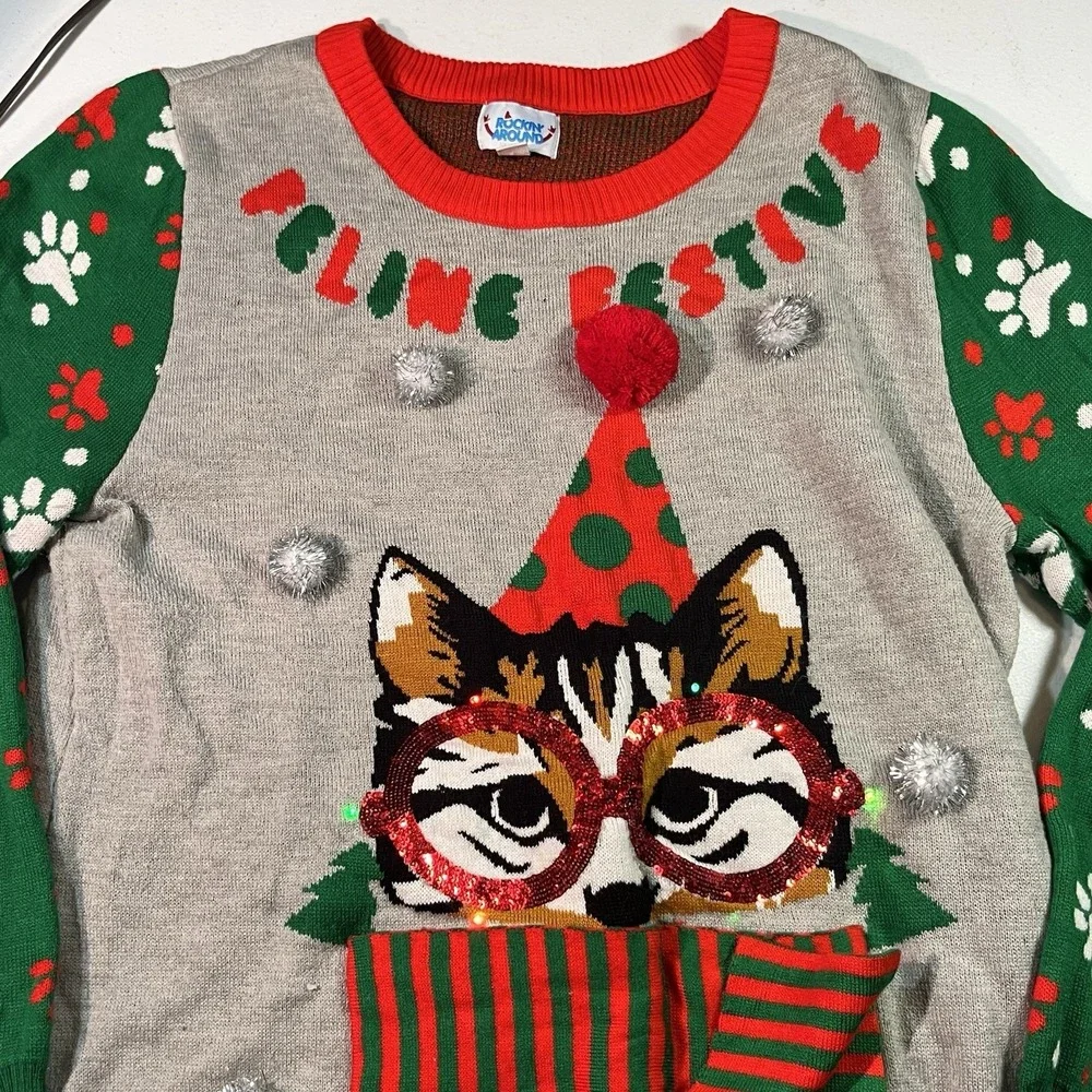 Rockin‎ Around Womens Size Large Ugly Christmas Sweater Cat Festive